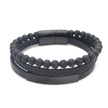 New Mens Leather Bead Bracelet Braided Lava Bead Leather Bangle for Men